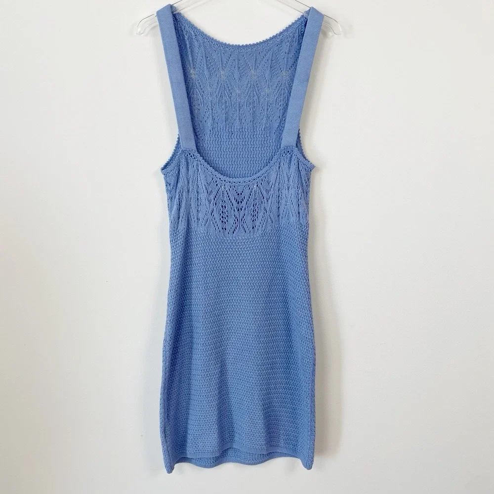 Free People Beach Knit Low Back Dress Sz  XL Crochet Blue Coverup Stretch -Note! - Picture 2 of 14